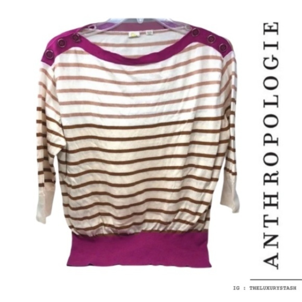 ⚫️ Anthropologie Yellow Bird Brown Stripe Sweater W/ Purple & Button Detail‌‌